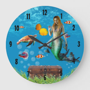 Magical Mermaid Treasure Hunt Blue Ocean Fantasy Large Clock
