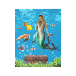 Magical Mermaid Treasure Hunt Blue Ocean Fantasy Metal Print