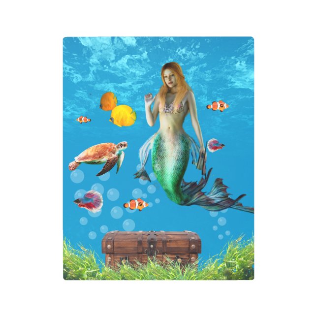 Magical Mermaid Treasure Hunt Blue Ocean Fantasy Metal Print (Front)