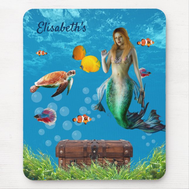 Magical Mermaid Treasure Hunt Blue Ocean Fantasy Mouse Pad (Front)