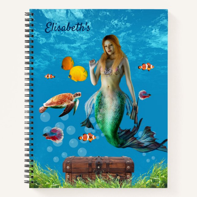 Magical Mermaid Treasure Hunt Blue Ocean Fantasy Notebook (Front)