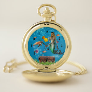 Magical Mermaid Treasure Hunt Blue Ocean Fantasy Pocket Watch