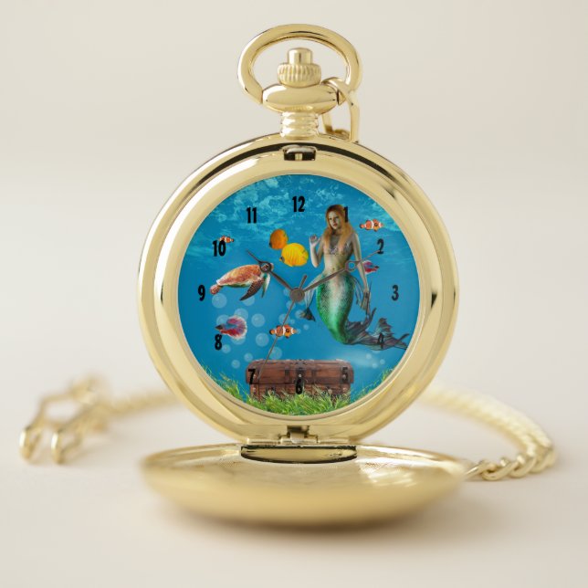 Magical Mermaid Treasure Hunt Blue Ocean Fantasy Pocket Watch (Inside)