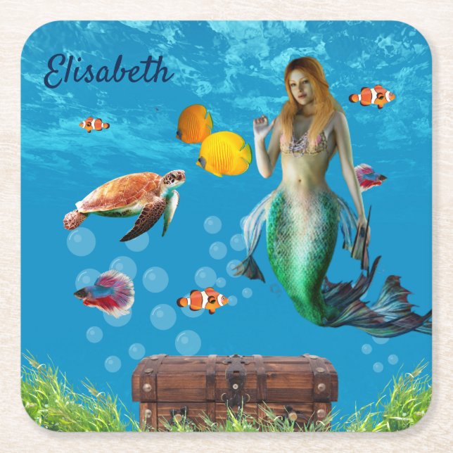 Magical Mermaid Treasure Hunt Blue Ocean Fantasy Square Paper Coaster (Front)