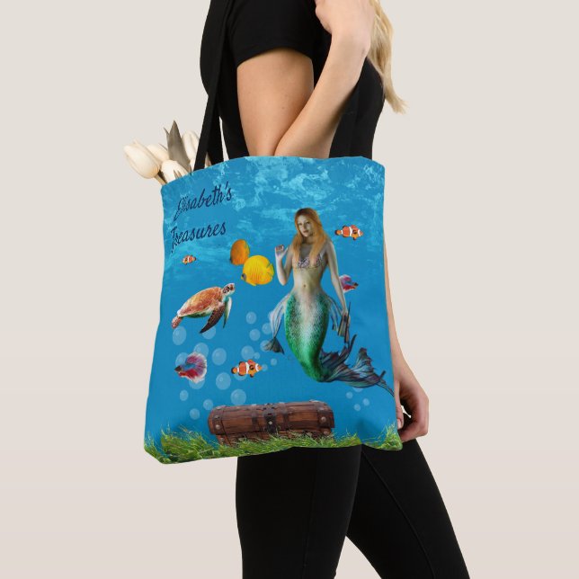 Magical Mermaid Treasure Hunt Blue Ocean Fantasy Tote Bag (Close Up)