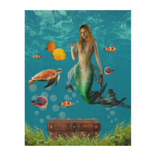 Magical Mermaid Treasure Hunt Blue Ocean Fantasy Wood Wall Art
