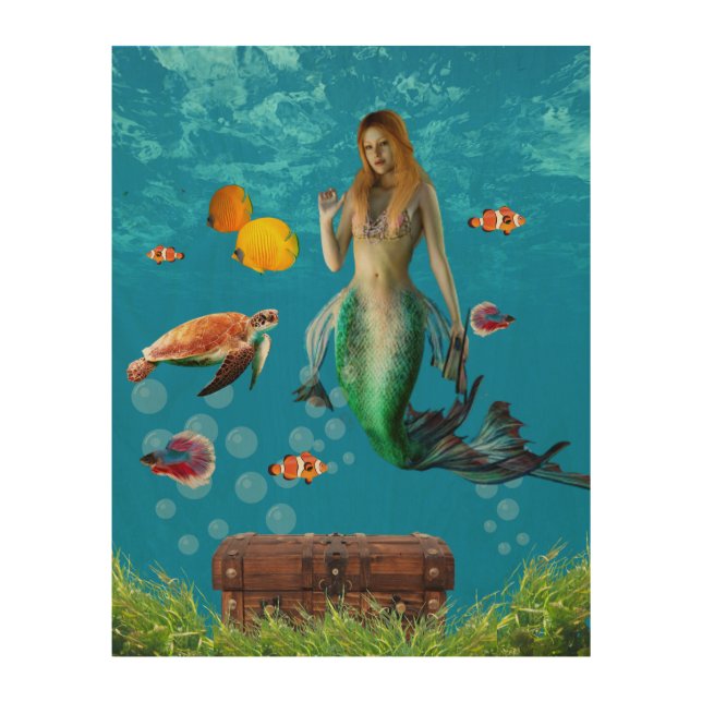 Magical Mermaid Treasure Hunt Blue Ocean Fantasy Wood Wall Art (Front)
