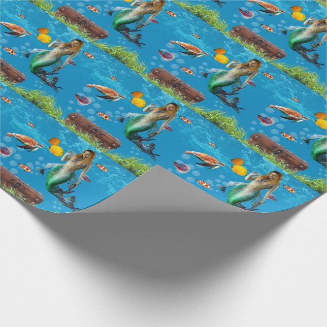 Magical Mermaid Treasure Hunt Blue Ocean Fantasy Wrapping Paper (Corner)