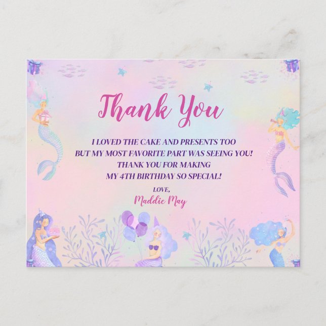 Magical Mermaid Under the Sea Girls Thank You Post Postcard (Front)