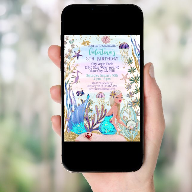 Magical Mermaid Under the Sea Glitter Birthday Invitation (Front Digital)