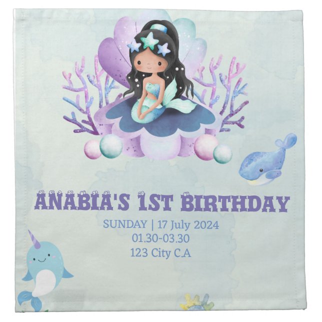 Magical Mermaid Watercolor Birthday  Cloth Napkin (Front)