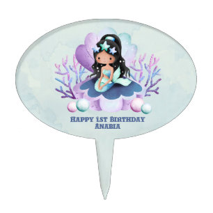 Magical Mermaid Watercolor Birthday Party  Cake Topper