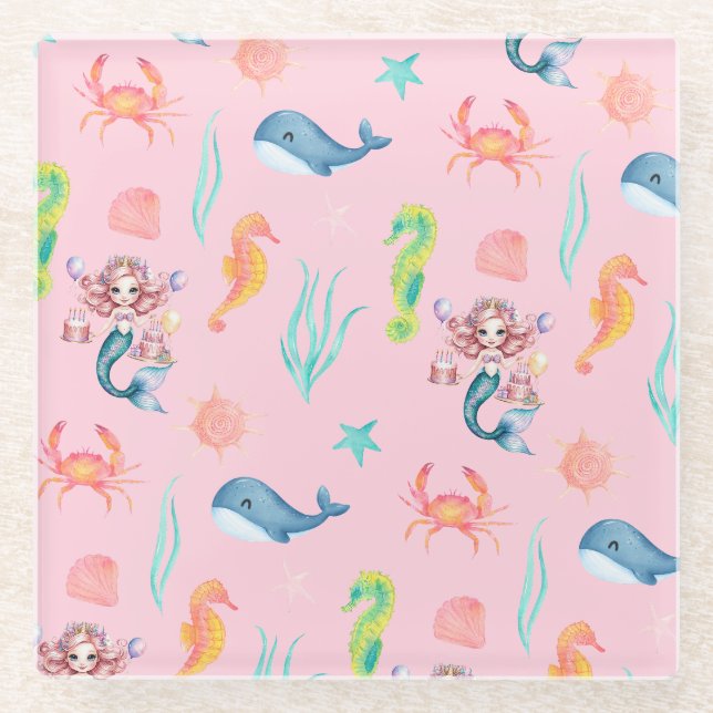 Magical mermaid whale rainbow Birthday girl party Glass Coaster (Front)