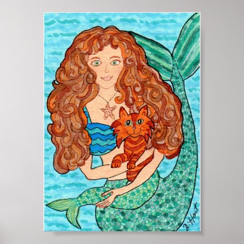 Magical Mermaid with Cat Folk Art Poster