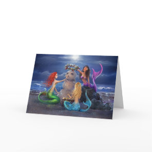 Magical Mermaids on the Beach Colorful Christmas Holiday Card