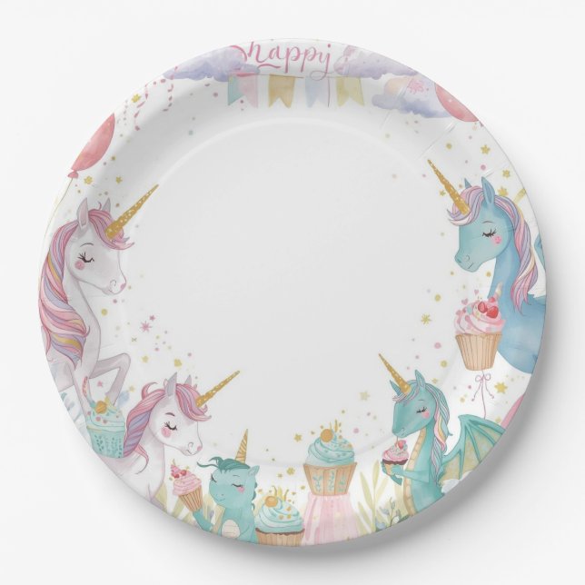 Magical Mermaids Unicorns Rainbow Birthday Party Paper Plates (Front)