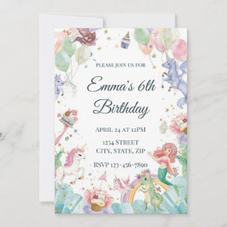 Magical Mermaids Unicorns Rainbows Kids Birthday Invitation