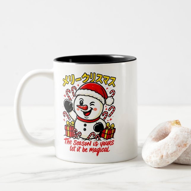 Magical Merry Christmas Snowman Gift Tee candy can Two-Tone Coffee Mug (With Donut)
