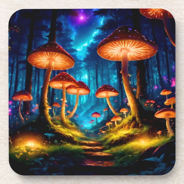 Magical Midnight Mushroom Forest Beverage Coaster (Front)