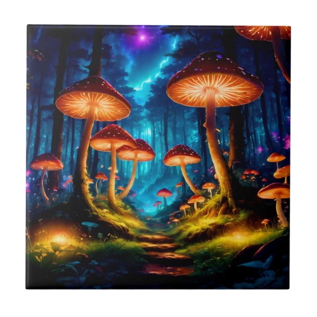 Magical Midnight Mushroom Forest Ceramic Tile (Front)