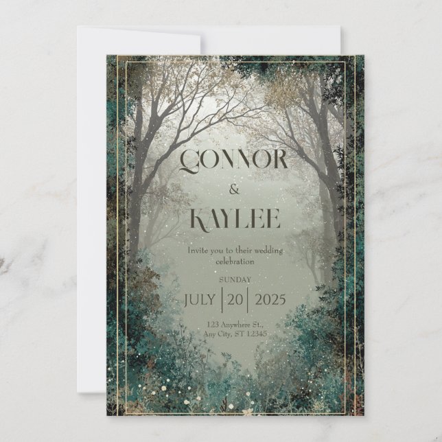 Magical Misted Forest Deep Teal Winter Wedding Invitation (Front)
