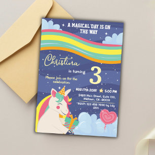 Magical modern unicorn rainbow stars 3rd birthday  invitation