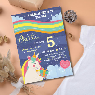 Magical modern unicorn rainbow stars 5th birthday invitation