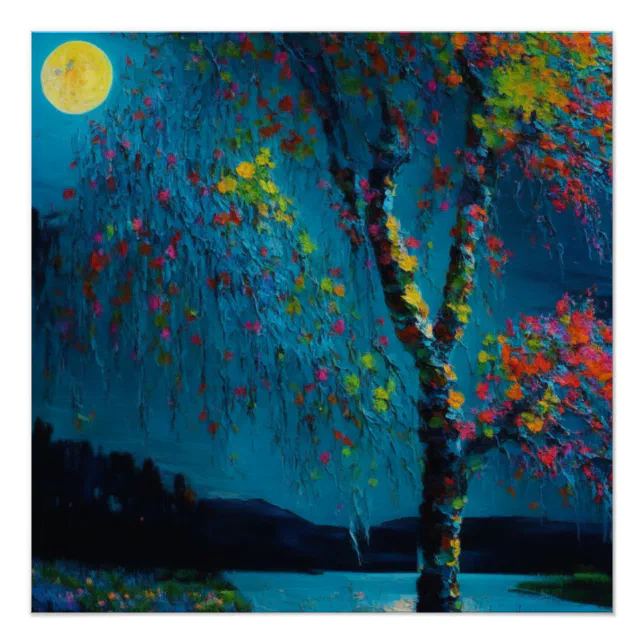Magical Moon River Tree in oil painting style Poster | Zazzle