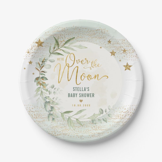 Magical Moon &amp; Stars Greenery Gold Baby Shower Paper Plate
