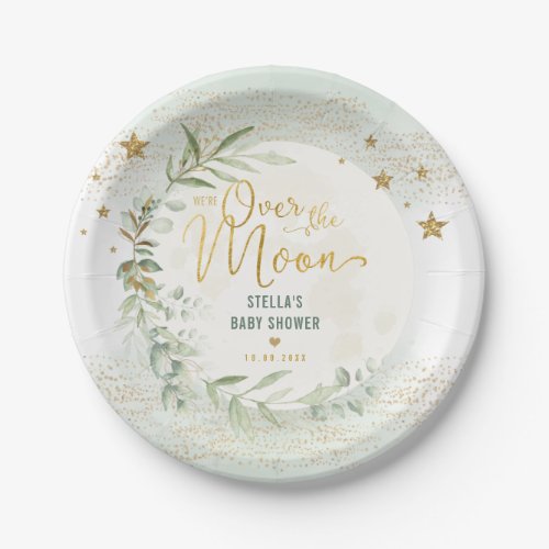 Magical Moon  Stars Greenery Gold Baby Shower Paper Plates