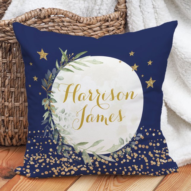 Magical Moon & Stars Navy Gold Baby Boy Nursery Throw Pillow (Creator Uploaded)