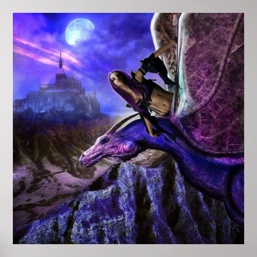 Magical Moonlight Dragon Rider Fantasy Castle Poster