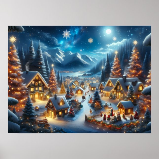 Magical Moonlit Snowy Christmas Village Poster (Front)