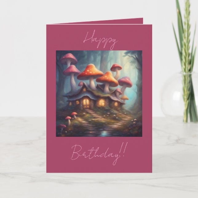 Magical Mushroom Homes Happy Birthday Holiday Card (Front)