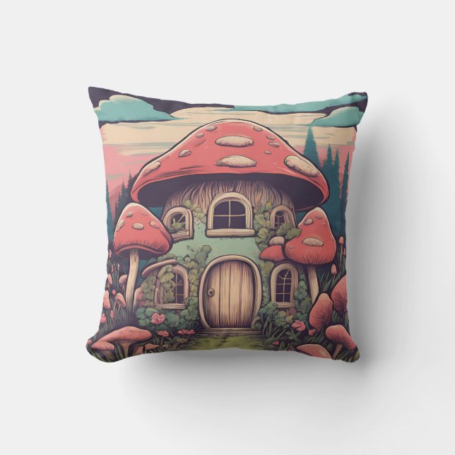 Magical Mushroom Meadow D8 Throw Pillow (Front)
