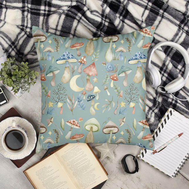 Magical Mushroom Mystical Sage Green Throw Pillow (Creator Uploaded)