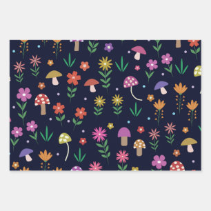 Magical Mushrooms With Whimsical Flowers Pattern Wrapping Paper Sheets