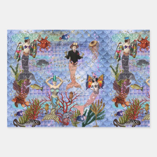 Magical Mythical Mermaids surrounded by sea life Wrapping Paper Sheets (Front 3)