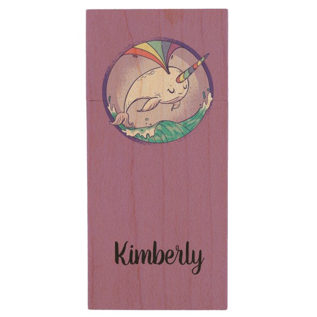 Magical Narwhal Wood Flash Drive (Front Vertical)