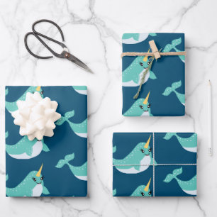 Magical Narwhals with Eyelashes Pattern Wrapping Paper Sheets