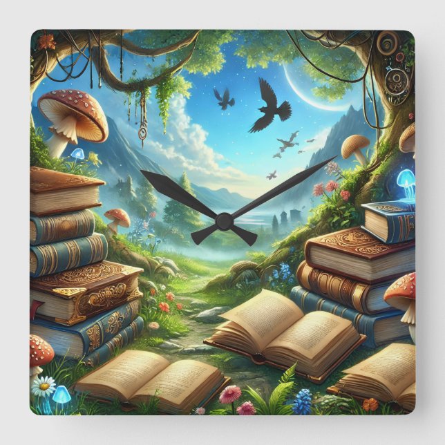 Magical Nature and Old Books Wall Clock (Front)