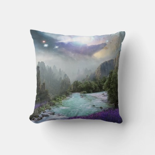 Magical Nature Landscape with Rushing Water Throw Pillow