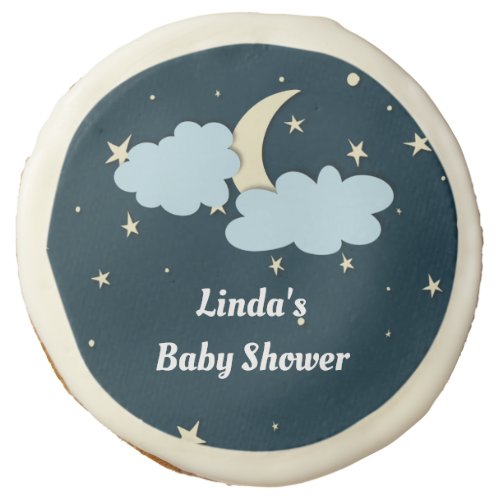 Magical Navy Blue Night Star and Moon Baby Shower Sugar Cookie