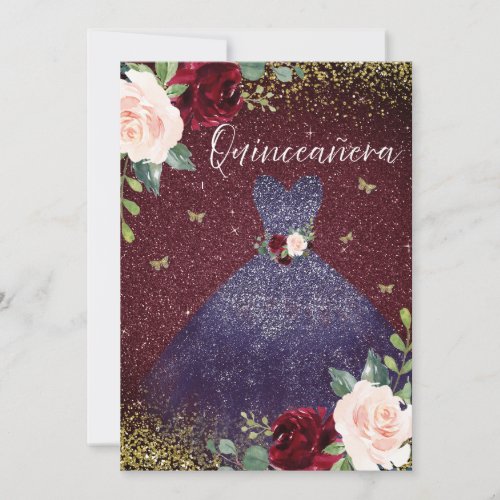 Magical Navy Dress Burgundy Red Floral Quinceanera Invitation