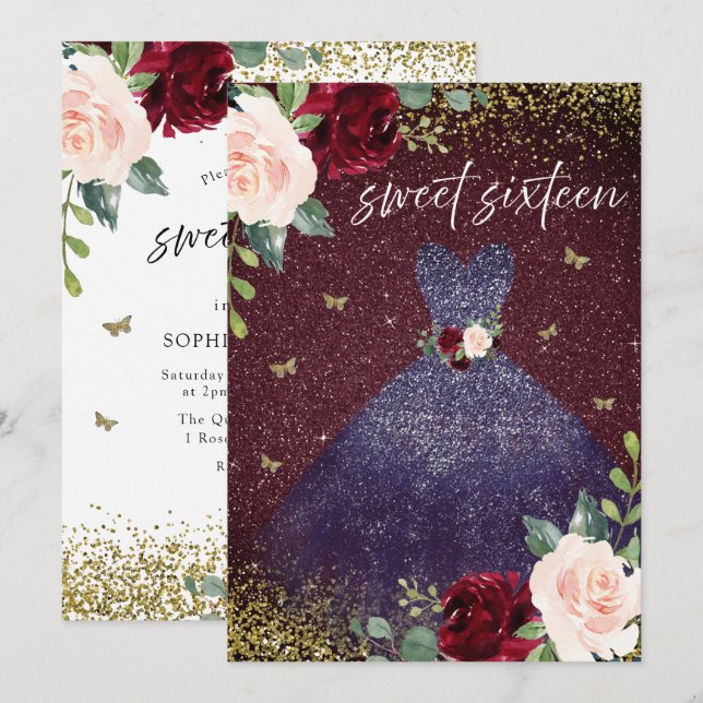 Magical Navy Dress Burgundy Red Floral Sweet 16 Invitation (Front/Back)