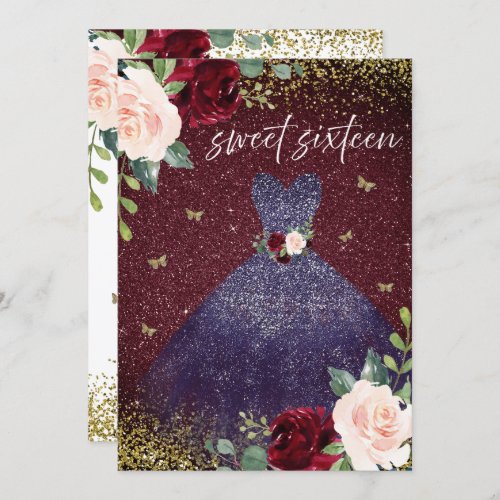Magical Navy Dress Burgundy Red Floral Sweet 16 Invitation