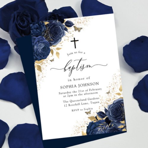 Magical Navy Indigo Blue Roses  Gold Baptism Invitation