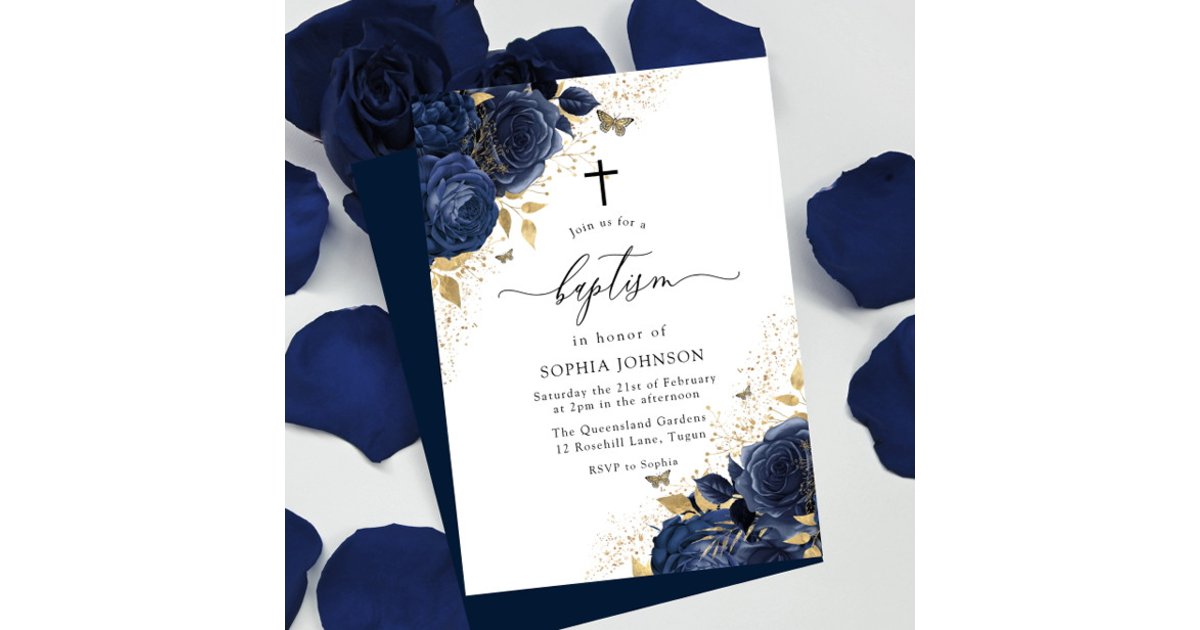 Magical Navy Indigo Blue Roses & Gold Baptism Invitation | Zazzle