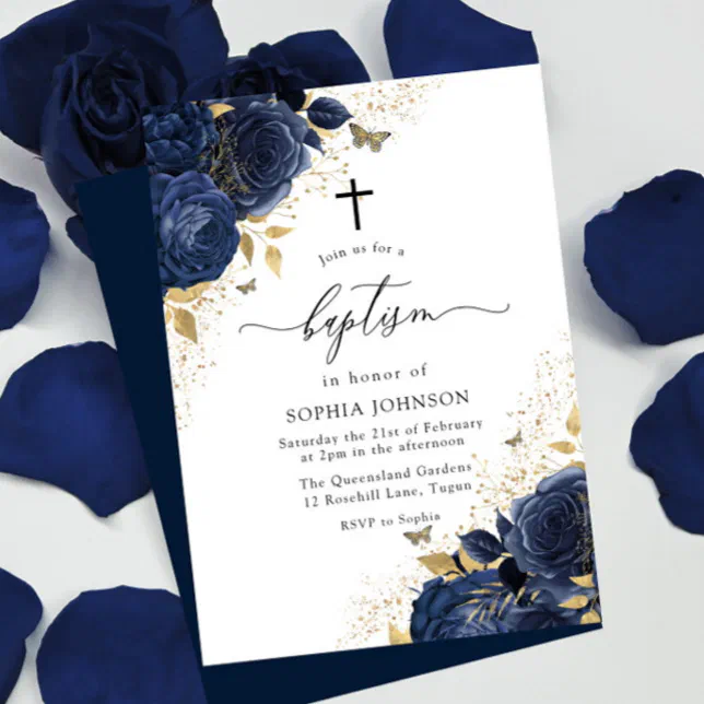 Magical Navy Indigo Blue Roses & Gold Baptism Invitation | Zazzle