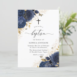 Magical Navy Indigo Blue Roses & Gold Baptism Invitation | Zazzle